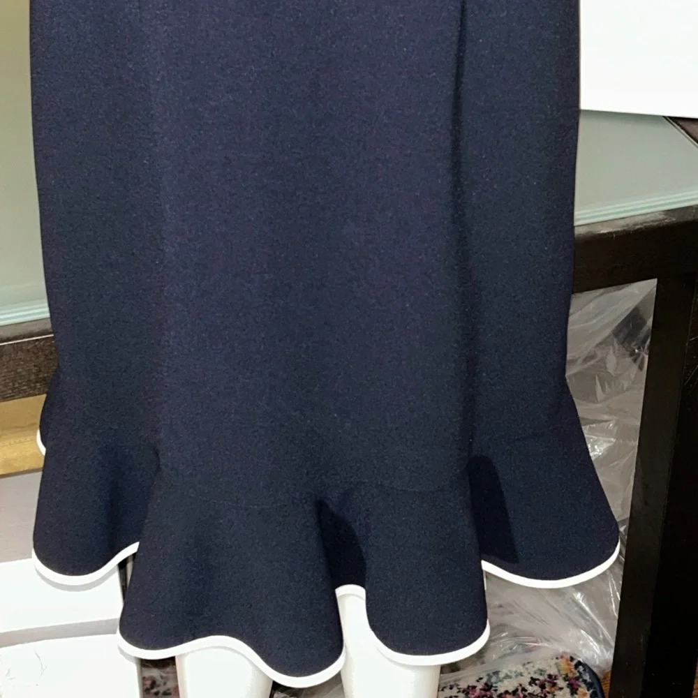Nanette Lepore Navy Blue White Ruffle Midi Dress Long Sleeve Size 4
